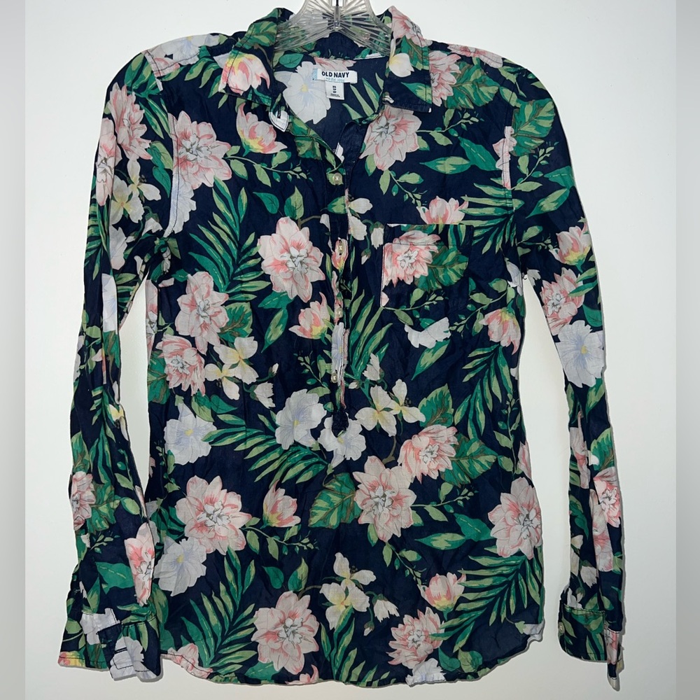100% Cotton Old Navy Long-Sleeve Botanical Half Button Shirt